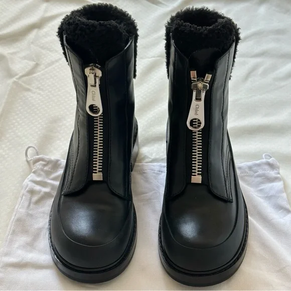 Chloe Roy Shearling-Lined Leather Black Ankle Boots Size 36.5 - Picture 3 of 14